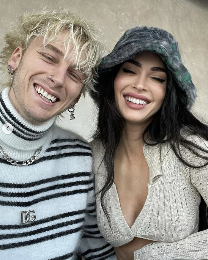 Machine Gun Kelly and Megan Fox smiling, addressing viral baby name confusion.