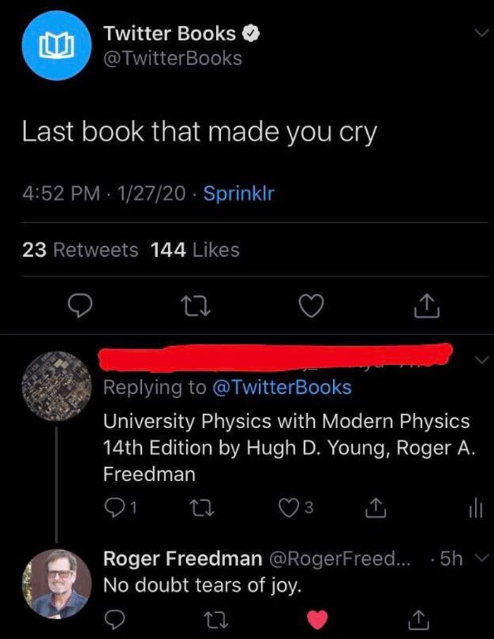 Funny meme about a book making people cry, with a humorous response from Roger Freedman on Twitter.