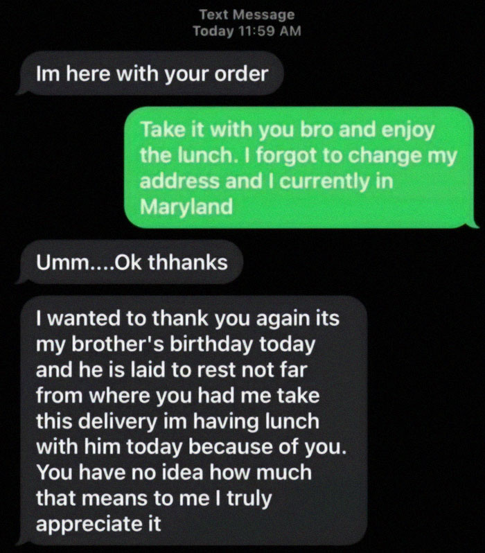 Text conversation showing a heartwarming delivery exchange, linked to funny memes for cheering up.