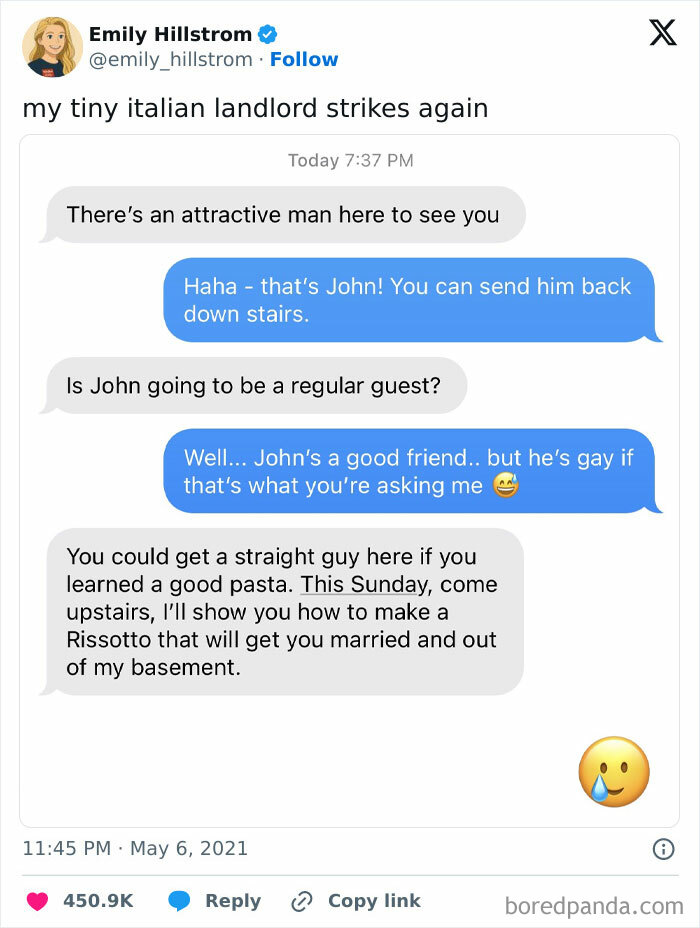Text exchange with funny meme about learning pasta for relationship advice from a tiny landlord.
