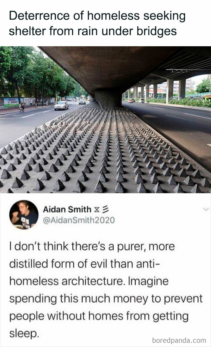 Pyramidal spikes under a bridge highlighting humorous meme critique on anti-homeless architecture.