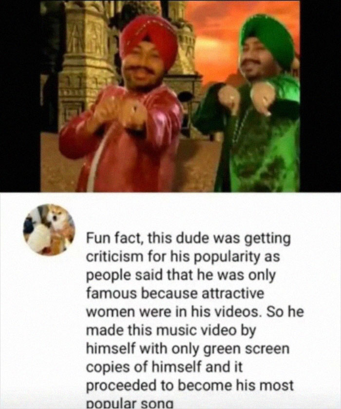 Two men in colorful outfits dance in front of a temple, embodying funny memes humor.