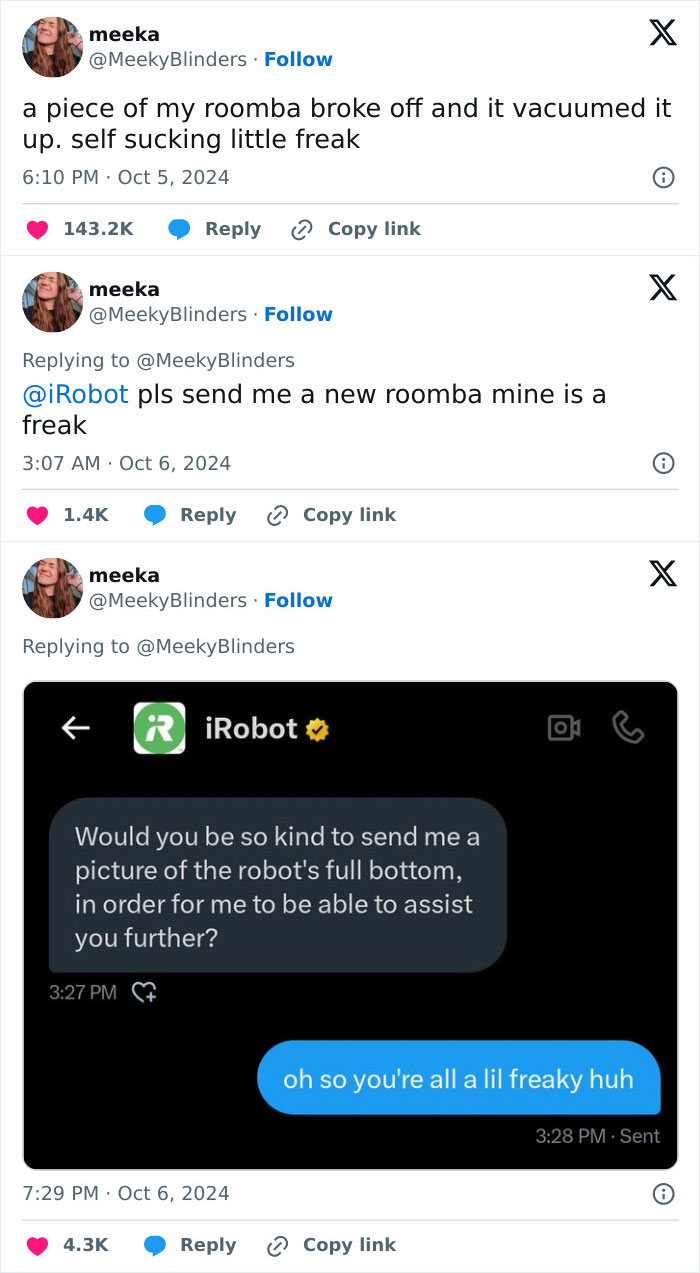 Funny meme exchange about a malfunctioning Roomba and witty responses to iRobot support.