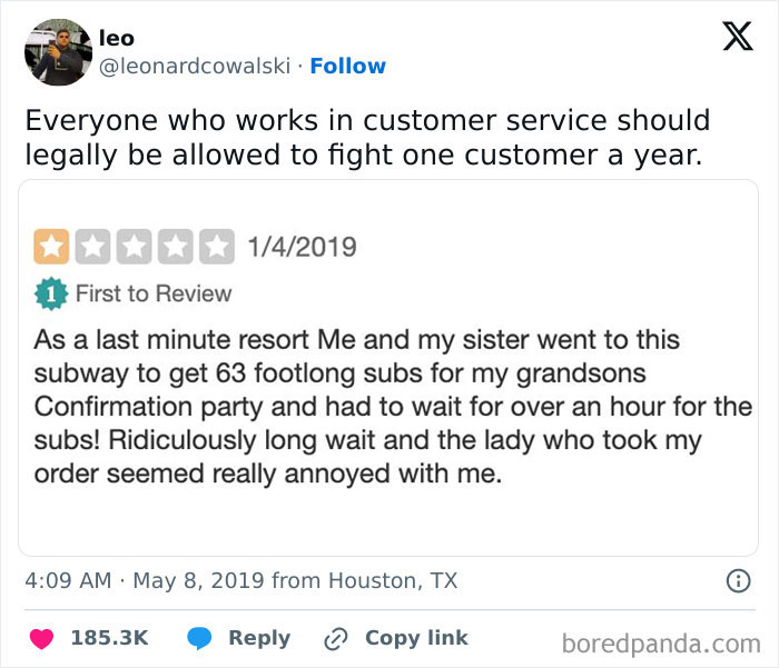 Funny meme about customer service frustrations, featuring a humorous tweet about handling a difficult customer request.