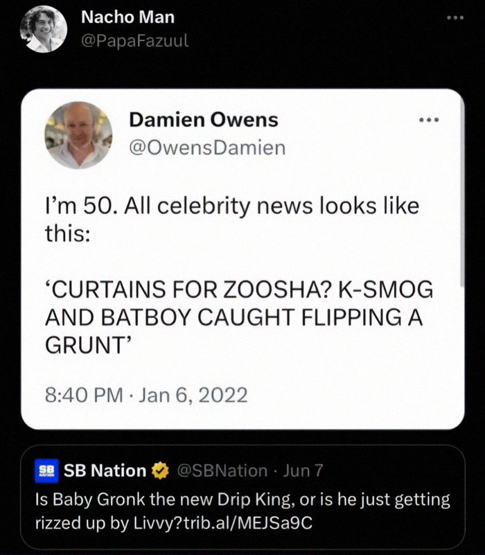 Funny meme tweet about confusing celebrity news headlines, comparing absurd stories for comedic effect.
