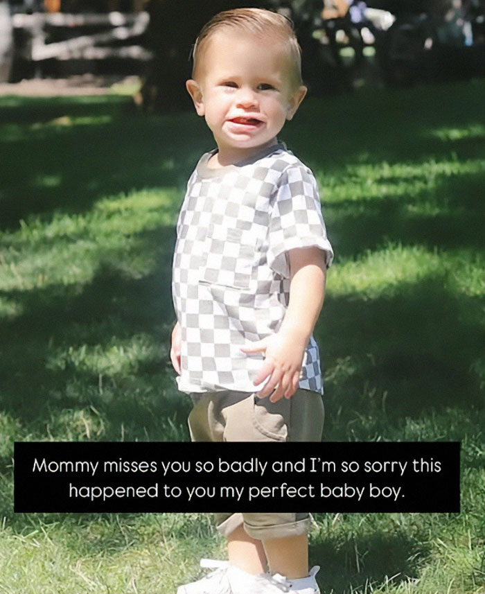 Toddler in checkered shirt on grass, related to parenting influencer's tragic mirror accident.