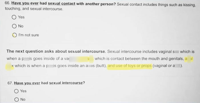 Middle school survey with explicit questions about sexual contact and intercourse options highlighted.