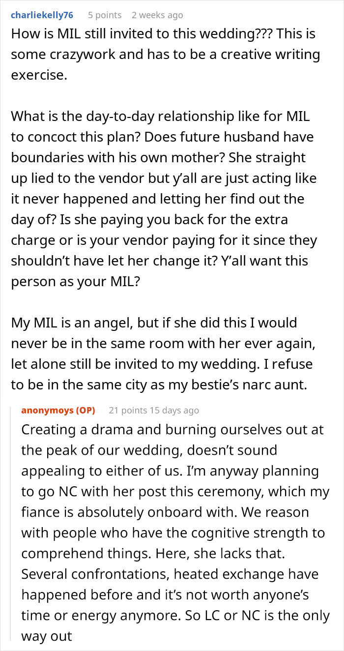 Reddit comments discussing a MIL's interference with a wedding menu, highlighting password protection advice.