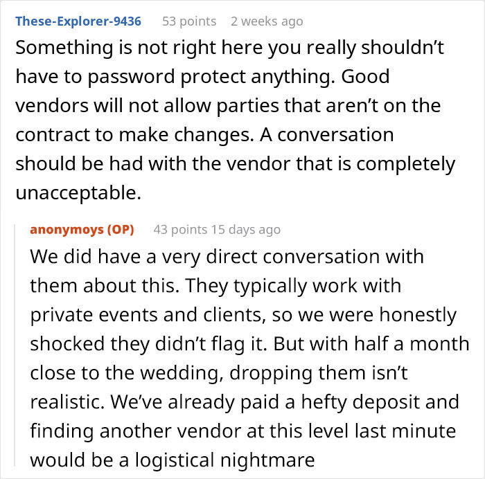 Image of a Reddit discussion about the importance of password protecting everything, focusing on wedding vendor issues.