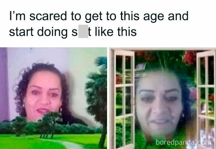 Millennial Misery meme showing a woman with humorous background filters.