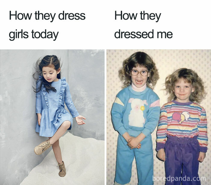 Modern girl fashion vs. nostalgic childhood outfits in a humorous millennial meme comparison.