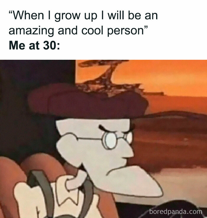 Millennial Misery meme of cartoon character with glasses, wearing a hat, looking grumpy in response to a caption about turning 30.