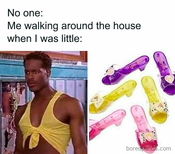 Man in a yellow shirt with colorful toy sandals; a comedic reference to Millennial Misery.