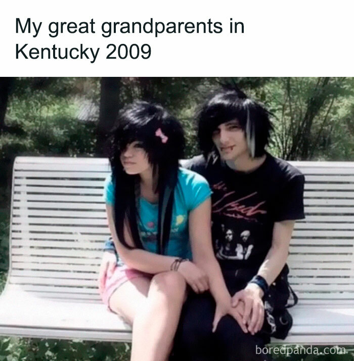 Two people with emo hairstyles sitting on a bench, captioned humorously as "great grandparents" in a millennial meme.
