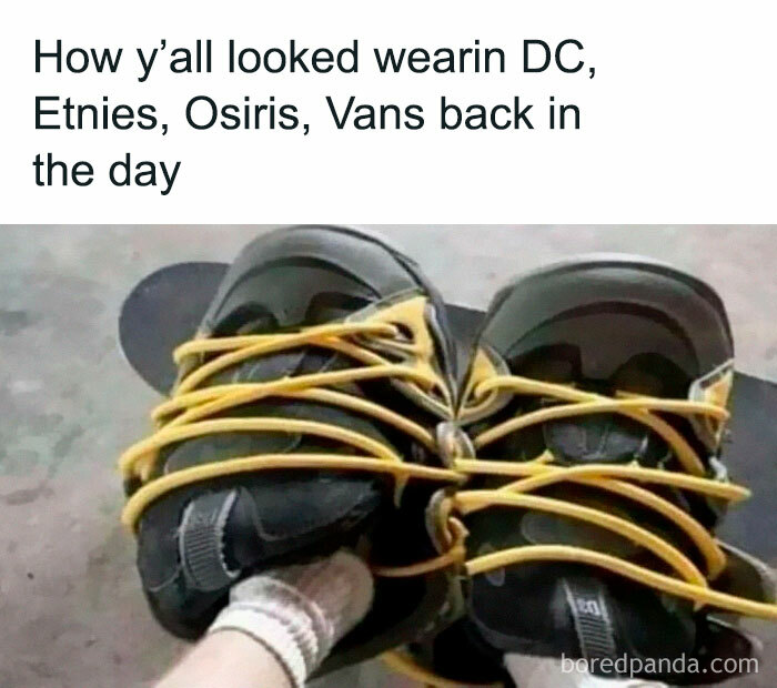 Millennial Misery meme of shoes tied to a board, humorously referencing DC, Etnies, Osiris, Vans style nostalgia.