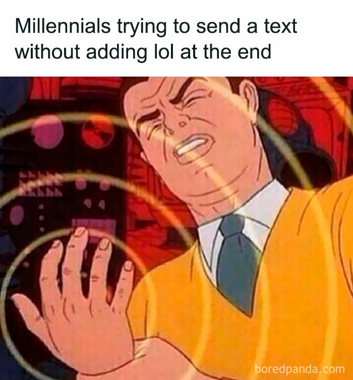 Cartoon character struggles to send a text without adding "lol" at the end, representing millennial meme humor.