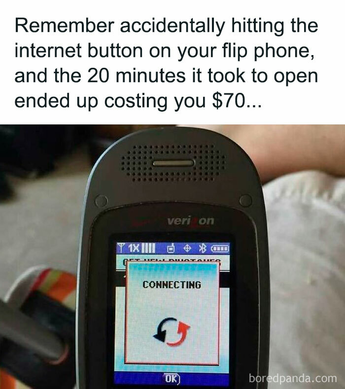 Millennial Misery meme: A flip phone's screen shows a slow internet connection, costing money, highlighting past tech struggles.
