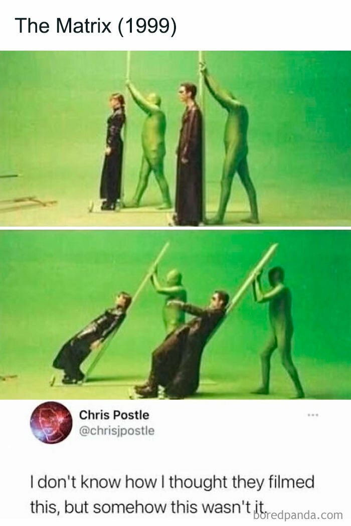 Behind-the-scenes green screen setup for The Matrix with actors leaning, humorously capturing Millennial Misery memes.