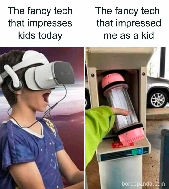 Kid with VR headset vs. old tube system reflects Millennial Misery humor on changing tech obsessions.