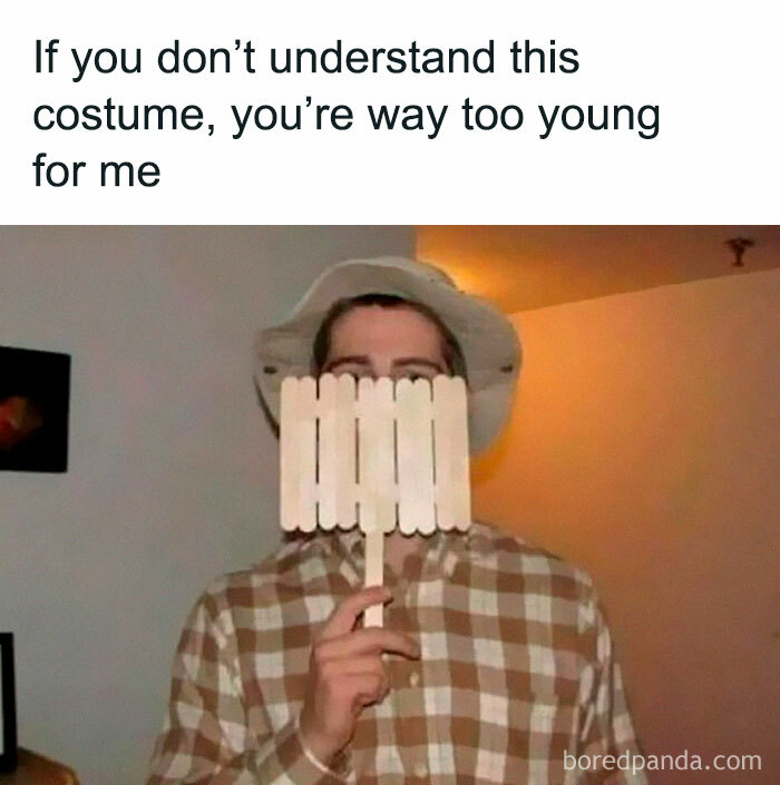 Person in a plaid shirt and bucket hat holding popsicle stick fence, referencing a '90s meme, with text about generational humor.