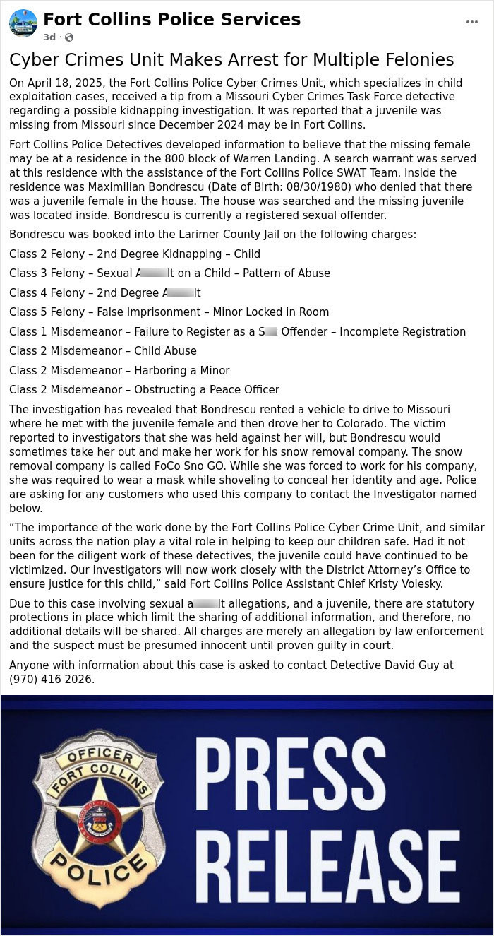 Fort Collins Police press release on missing teen girl found via Instagram message, with details on arrest and charges. Fort Collins Police press release on missing teen girl found via Instagram message, with details on arrest and charges.