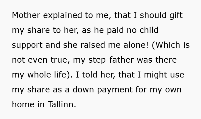 Text about keeping money from share of parents' apartment for a home in Tallinn.