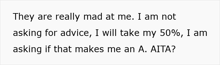 Text questioning if taking 50% of parents' apartment sale makes someone an AITA.