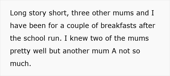 Text image about moms and breakfast outings after the school run, discussing familiarity with other moms.