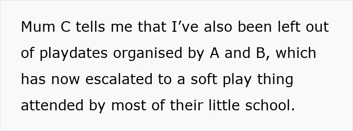 Text message revealing moms excluded from playdates, escalating to larger soft play events at school.