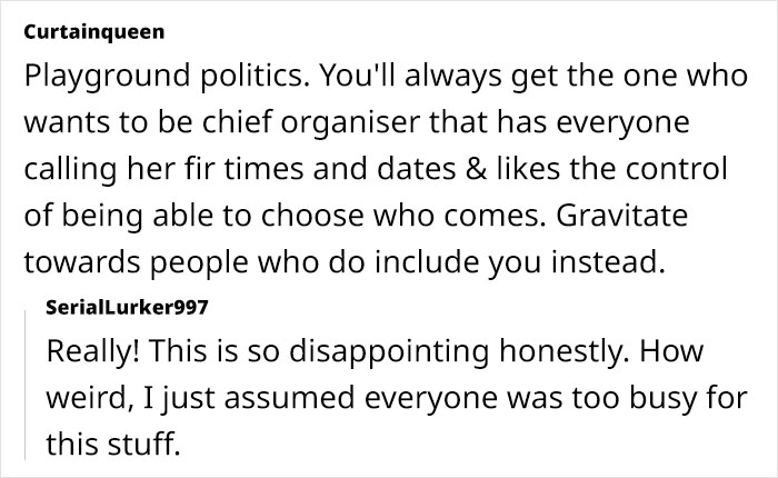 Comments discussing moms excluding others from play dates and feeling disappointed in the situation.