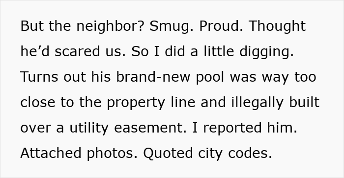Text reads a story of a neighbor reporting an illegal pool built over utility easement.