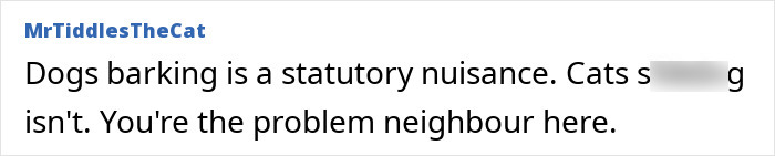 Comment text about neighbors complaining about dogs and cats in the yard.