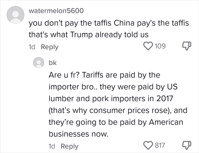 Comments discussing tariffs impact on small business owners in the U.S., referencing import costs and consumer prices.