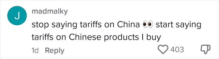User comment on tariffs affecting small business owner, 403 likes.