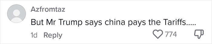 A comment discussing tariffs with a high number of likes, questioning statements about China paying them.