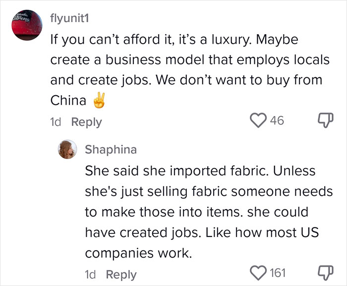 Text comments about US small business owner's challenges with tariffs, mentioning importing fabric and local job creation.