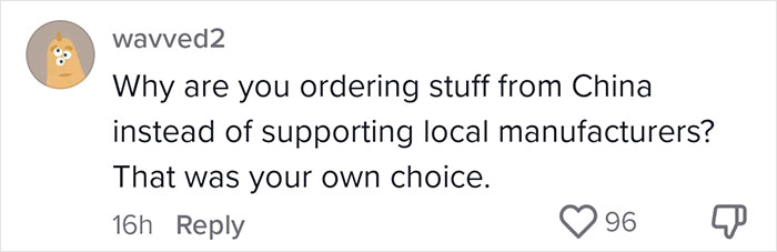 Comment questioning small business owner's choice to import from China over local manufacturers, referencing tariffs.