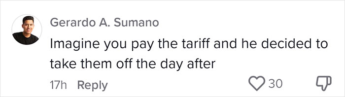 Comment discussing tariffs with 30 likes, highlighting concerns of a small business owner in the US.