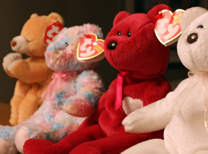 A lineup of colorful plush bears with tags, an example of "The Next Big Thing" that became a flop.