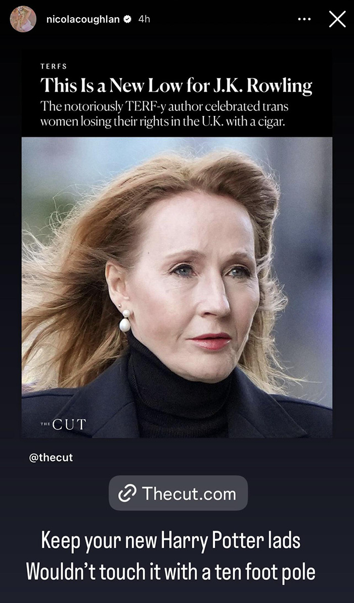 Bridgerton star Nicola Coughlan criticizes J.K. Rowling over trans rights stance in social media post. Bridgerton star Nicola Coughlan criticizes J.K. Rowling over trans rights stance in social media post.