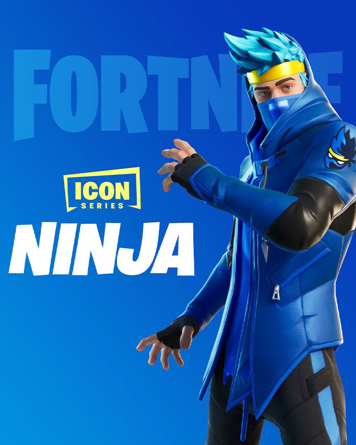 Gaming character inspired by Ninja, in blue attire, from Fortnite Icon Series.