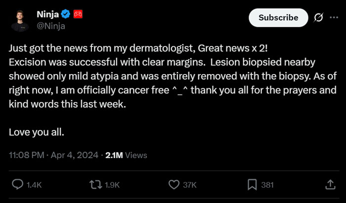 Ninja shares health update on social media, celebrating being cancer-free.