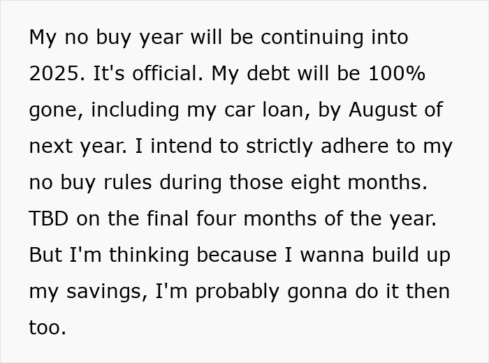 Text about commitment to "No-Buy 2025" to achieve debt-free goal by August, including strict adherence to savings plan.