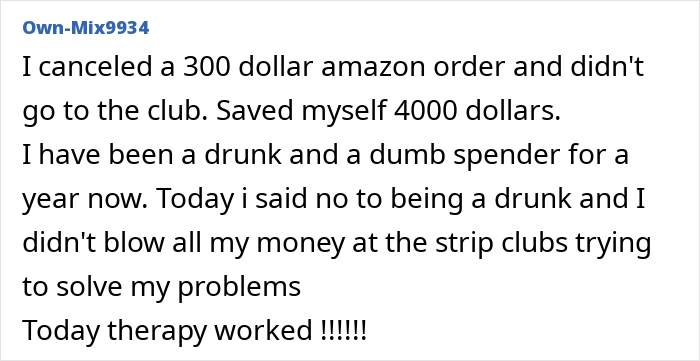 Text describing personal success in avoiding consumerism, focusing on money saved by not making unnecessary purchases.