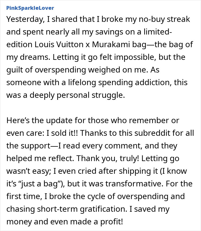 Text post discussing overcoming consumerism and selling a luxury bag during "No-Buy 2025" challenge.