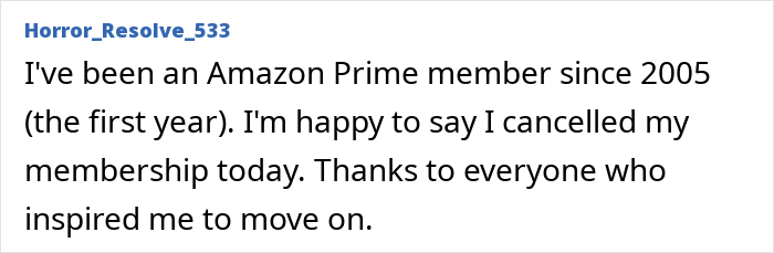 Text screenshot of a user announcing the cancellation of an Amazon Prime membership, reflecting "No-Buy 2025" choices.
