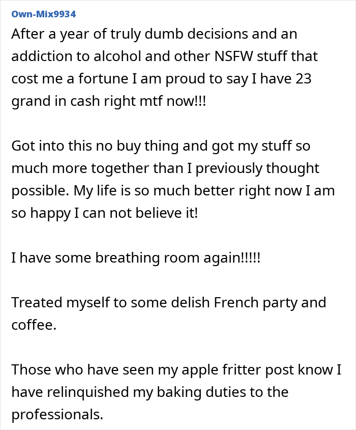 Text expressing success with No-Buy 2025 lifestyle, highlighting personal growth and financial improvement.