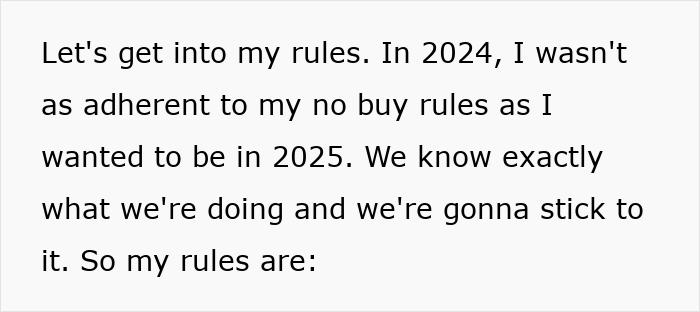 Text about adhering to "No-Buy 2025" rules, emphasizing commitment against consumerism.