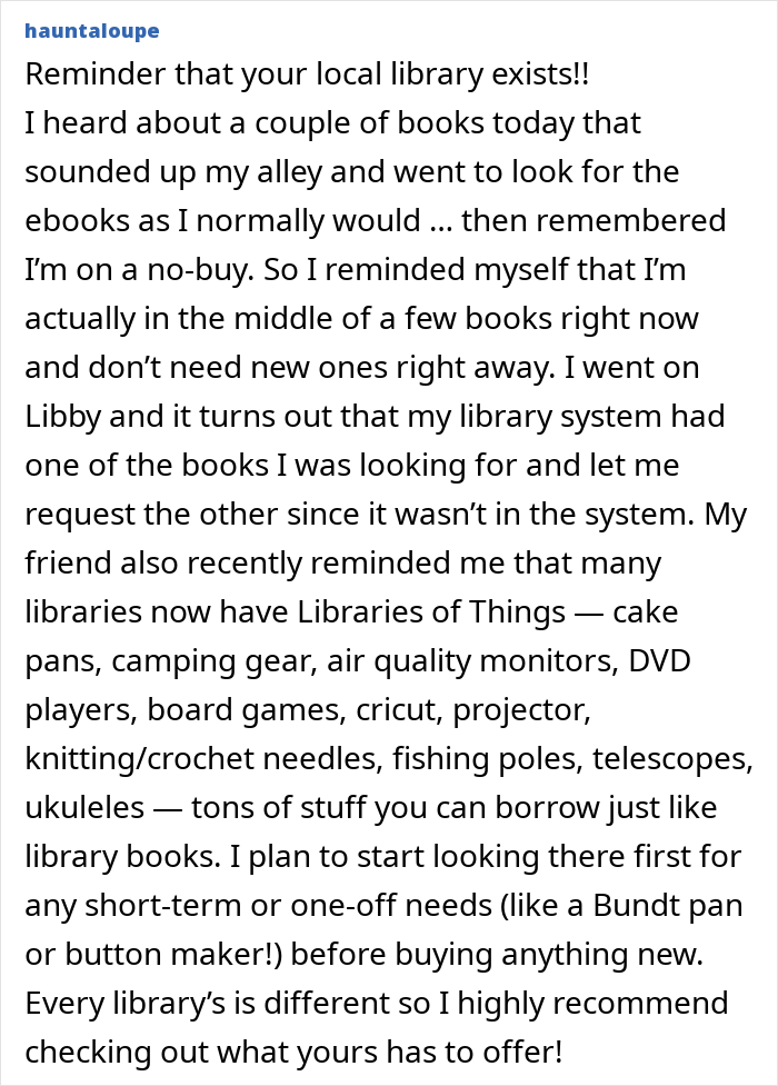 Text on using local library for "No-Buy 2025," borrowing books and more, instead of purchasing.