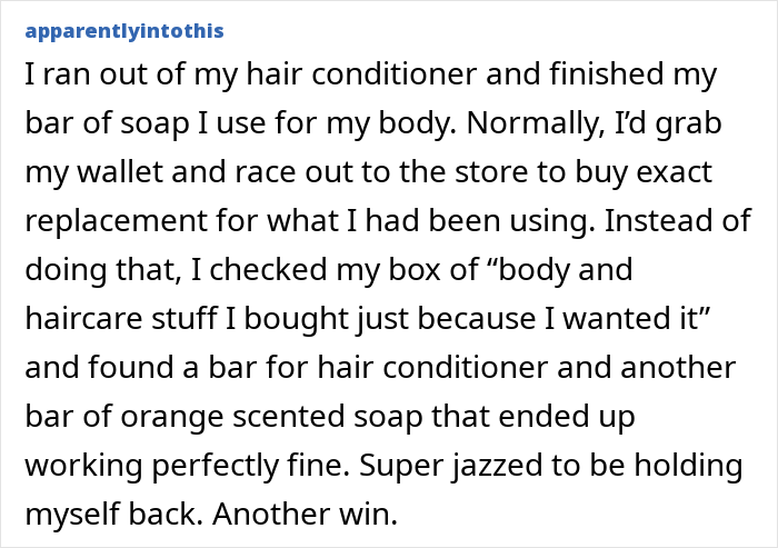 Text about resisting consumerism by using extra conditioner and soap instead of buying new.